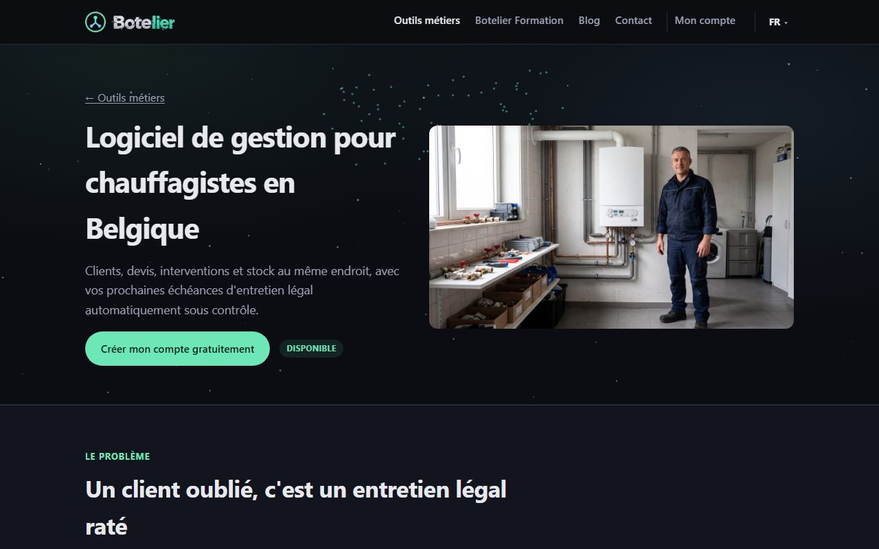 Page du logiciel Botelier pour les chauffagistes